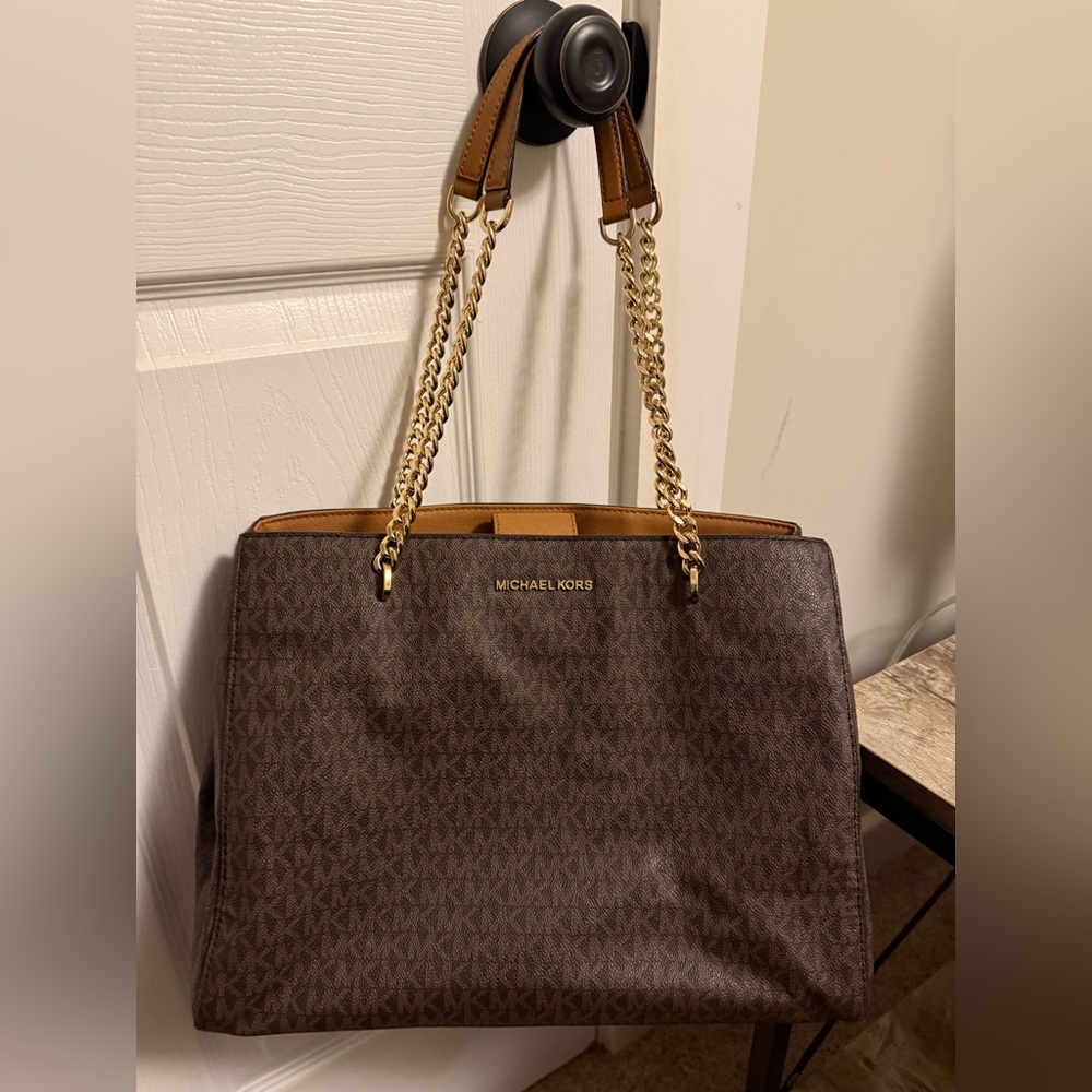 Michael Kors Brown Teagan Large Logo Shoulder Bag with Gold Accents